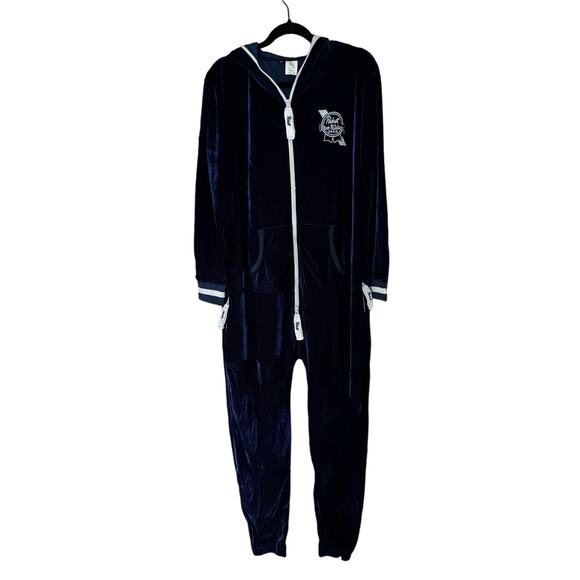 Pabst Blue Ribbon PBR Blue Velvet Adult One Piece Pajama Lounge Medium - Picture 1 of 8